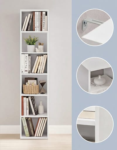 Boekenkast 6 Vakken House&Garden – Staand Open Opbergrek – Modern Houten Rek voor Woonkamer, Thuiskantoor en Eetkamer – Verstelbare Planken, Kantelbeveiliging – Wolkenwit