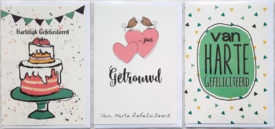 3 Wenskaarten - …… Jaar Getrouwd – Hartelijk Gefeliciteerd – Van Harte Gefeliciteerd - 12 x 17 cm – GET-308