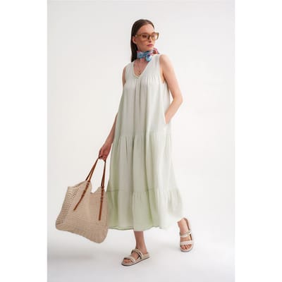 Mouwloze V-hals Muslin Midi Jurk met Zakken