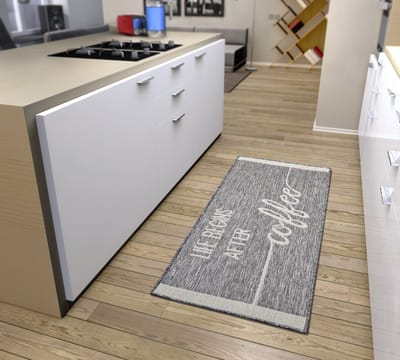 Flycarpets Loper Keuken - Life Begins After Coffee - Grijs / Creme 92x150 cm