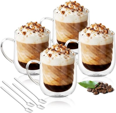 Dubbelwandige glazen mokken set van 4, hittebestendige borosilicaat bekers voor koffie, cappuccino en sap met handgrepen en lepels, 350 ml