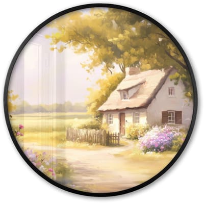 Poster in lijst Rond - Fotolijst 60x60 cm - Posters - Huisje - Hout - Bloemen - Ronde posterlijst zwart - Decoratie - Wanddecoratie woonkamer - Muurdecoratie slaapkamer