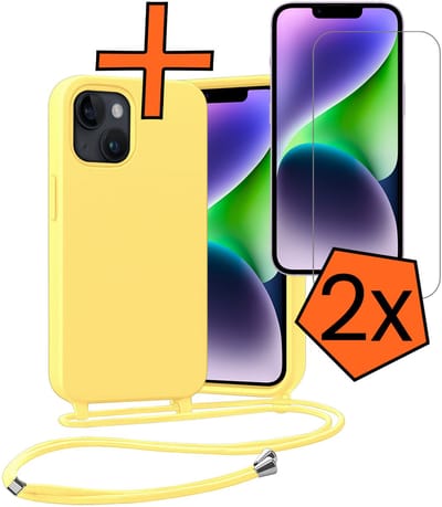 Hoesje Geschikt voor iPhone 13 Mini Hoes Met Telefoonketting Met 2x Screenprotector - Backcover Geschikt voor iPhone 13 Mini Case Met Koord - Geel