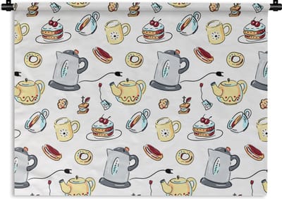 Wandkleed - Wanddoek - Patronen - Thee - Taart - High tea - 60x45 cm - Wandtapijt