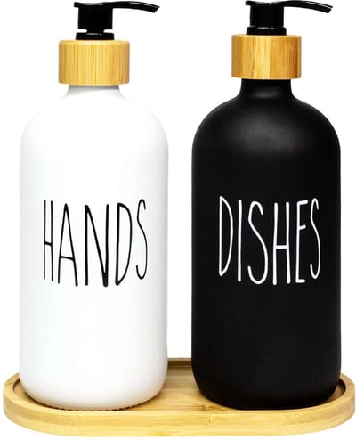 Intirilife 3-delige Glazen Zeepdispenser Set in Zwart en Wit met Bamboe Dienblad - Inhoud van 500 ml - 17.5 x 8.8 x 20.6 cm - 2 pompflessen voor zeep en afwasmiddel
