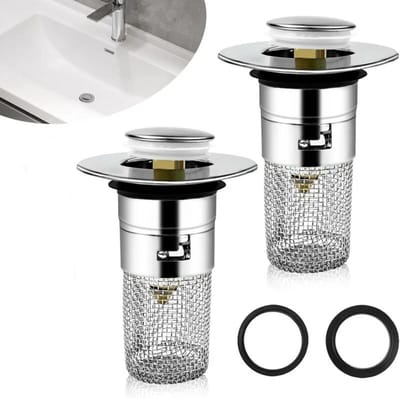 Cuhostki - 2 Stuks - 2 Stuks Badkamergootsteenzeef - Badkamer Wastafel Stop - Gootsteenzeef - Wastafel Pop-Up Afvoerstop - Zilver - 304 RVS - Met Rubberringen 33mm & 40mm - Universeel Compatibel - Eenvoudig Te Installeren