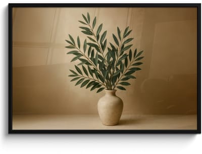 Poster in lijst - Fotolijst 120x80 cm - Posters - Vaas - Olijftakken - Bladeren - Beige - Posterlijst zwart - Decoratie - Wanddecoratie woonkamer - Muurdecoratie slaapkamer