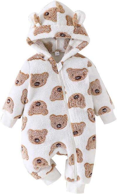 Fleece baby snowsuit met berenprint - warme winterbody met capuchon voor meisjes en jongens, 0-18 maanden