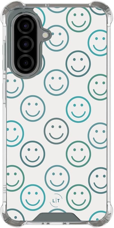 Shockproof hoesje - Geschikt voor Samsung Galaxy A36 - Happy faces - Extra sterke case - TPU/polycarbonaat - Print / Illustratie - Blauw, Transparant