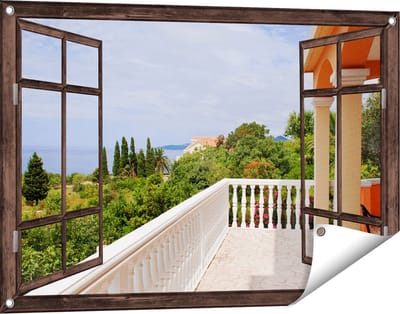 Gards Tuinposter Doorkijk Terras in Toscane - 90x60 cm - Tuindoek - Tuindecoratie - Wanddecoratie buiten - Tuinschilderij