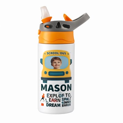 Stoere Grunge Zwart-Wit Drinkfles – Vintage Design voor Kunst Liefhebbers - Waterfles voor kinderen (wit/oranje)