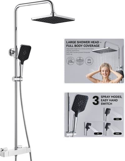 Auralum Max Regendouche met Thermostaatkraan - Compleet Doucheset - 30 cm Douchekop - 3 stralen Handdouche - Regendoucheset - Verstelbare Hoogte - Chroom