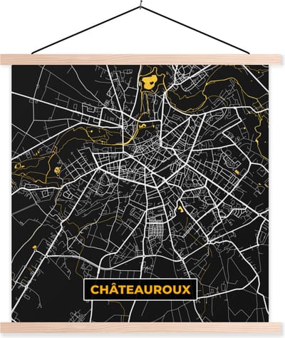 Posterhanger incl. Poster 40x40 cm - Schoolplaat - Kaart - Plattegrond - Frankrijk - Châteauroux - Stadskaart - Textielposter - Blanke latten - Stadskaart
