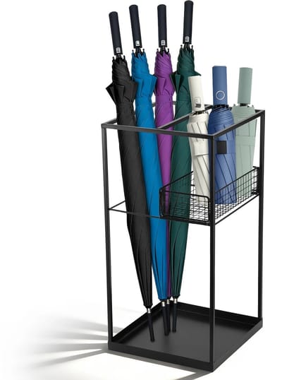 RosaBloom Metalen Paraplubak - Paraplubakhouder - Met Lekbak en Mand voor Kleine Paraplus - Vrijstaande Paraplux-organizer - Zwart - 25x25x50 cm
