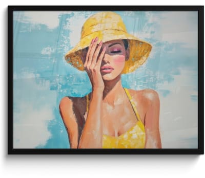 Poster in lijst - Fotolijst 70x50 cm - Posters - Schilderij - Vrouw - Hoed - Geel - Posterlijst zwart - Decoratie - Wanddecoratie woonkamer - Muurdecoratie slaapkamer