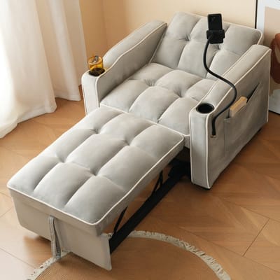 MODFU 3-in-1 Slaapstoel - Uitschuifbaar En Verstelbaar - Voor Kleine Ruimtes - Fluweel En Schuim - Grijswit - 83 X 167 X 76 Cm