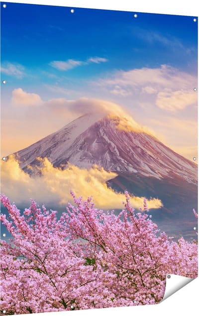 Gards Tuinposter Fuji Berg met Roze Bloesembomen - Bloemen - 120x160 cm - Tuindoek - Tuindecoratie - Wanddecoratie buiten - Tuinschilderij