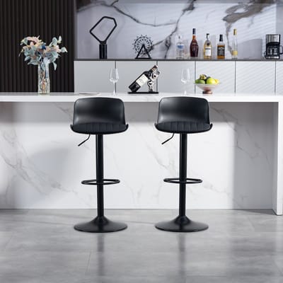 Intebiki - barkrukken set van 2 - eetkamerstoelen - draaibare barkrukken -Kunststof rugleuning en kunstlederen zitting - barkrukken met rugleuning - Metalen onderstel met voetensteun - eetkamerstoel - Zwart