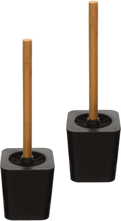 5five Toiletborstel met houder - 2x - zwart - kunststof en bamboe - 38 cm - wc borstel