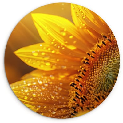 WallCircle® Wandcirkel 120x120 cm - Muurcirkel Zonnebloem - Dauwdruppels - Geel - Zonlicht - Muurdecoratie woonkamer - Wanddecoratie slaapkamer - Kamer decoratie accessoires - Ronde schilderijen XXL