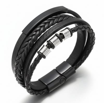 4-in-1 zwarte heren armband – gevlochten en glad imitatieleer – magnetische sluiting – metalen accenten – modern design