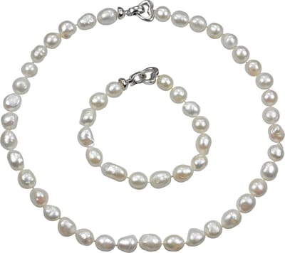 Zoetwater parel set Big Round Pearl - echte parels - handgeknoopt - parelketting + parel armband - wit - zilver - sieraden zakje - parelketting dames - parel armband dames