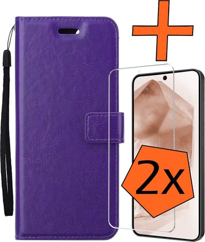 Hoes - Met 2x Screenprotector - Geschikt voor Samsung Galaxy A55 - Luxe Pasjeshouder - Bookcase Portemonee - Flip Case - Kunstleer Book Case - Flipcase Hoes - Book Cover - Walletcase - PortemonneeHoes - Paars