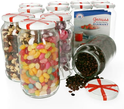 Set van 12 ronde potten 1062 ml Naar 82 lint decor deksel incl. Diamant Gelierzauber receptenboekje