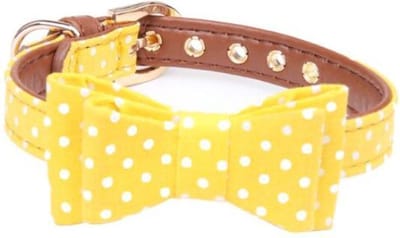 Halsband Hond - verstelbaar - leiband motief - katoen - stevig - huisdieren - stippen - strikje - 37 tot 43cm - maat L - Geel