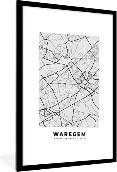 Fotolijst incl. Poster Zwart Wit- België – Waregem – Stadskaart – Kaart – Zwart Wit – Plattegrond - 60x90 cm - Posterlijst