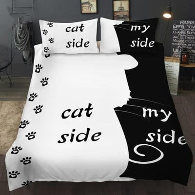 Ensemble de literie simple noir + blanc Chat/Chien/Couple Lui et Elle Linge de lit Taie d'oreiller Textiles de maison personnalisés Ensemble de lit AU King(245x210cm)