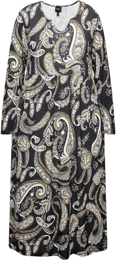 Ulla Popken - Dames - Jersey jurk A-lijn tuniekhals lange mouwen - Zwart - Maat 54+