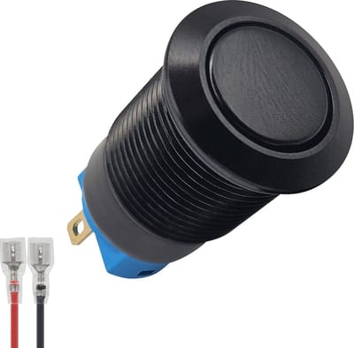 ProRide Metalen Mini Pulsschakelaar 12V OFF-(ON) - 12mm - met Aansluitkabel - 12V/24V - Zwart - Plat