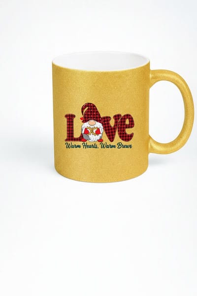 Gouden Glitter Mok met 'Love' Kabouter Design & 'Warm Hearts, Warm Brews' | Uniek Cadeau