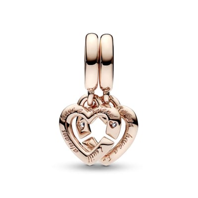 Fler® | Bedel | Past op populaire bedelarmbanden (standaard - 3mm) | Roségouden Zussen Duo Hartjes Bedel | Hangbedel Charm | 925 sterling zilver | Transparante zirkonia | Armband Kraal | Valentijnsdag Cadeau |Sinterklaas kado |Kerstcadeau |Verjaardag