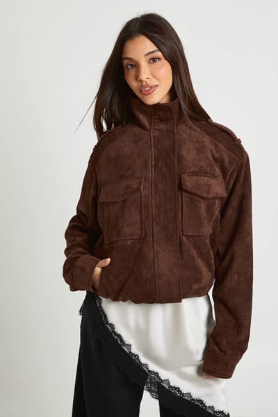 boohoo Dames Suede Jas met Tunnelhals en Zakdetails | Chocoladebruin | Maat: 36