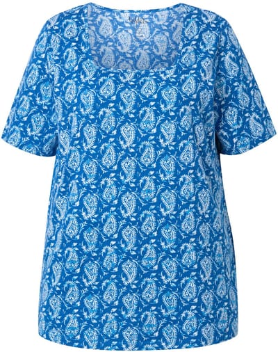 Ulla Popken - Dames - T-shirt met patroon A-lijn carré-halslijn halve mouwen - Petrolblauw - Maat 42+