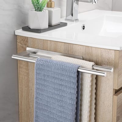 Famanu Handdoekhouder Zonder Boren Zilver Handdoekstang, Badkamer Roestvrij Staal, Badhanddoekhouder, Zelfklevende Handdoekhouder, Dubbel, 39 cm