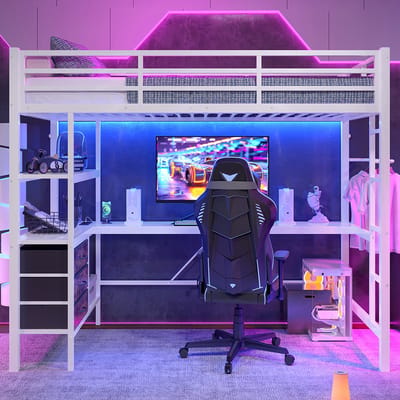 Pugsdrly Hoogslaper, 90*200 cm, met ledverlichting, bureau, stopcontact + USB, 3 lades, planken, leuning, trap, zonder matras, wit