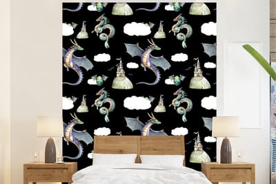 Behang - Fotobehang Jongens - Patronen - Draak - Kasteel - Breedte 225 cm x hoogte 280 cm