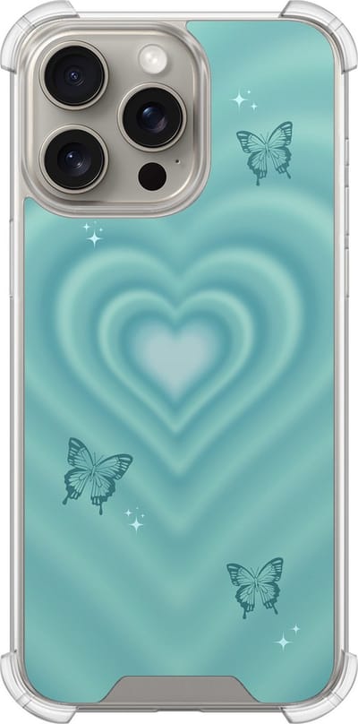 Shockproof hoesje - Geschikt voor iPhone 15 Pro Max - Retro hart vlinder - Extra sterke case - TPU/polycarbonaat - Print / Illustratie - Blauw, Transparant