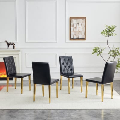 Set van 4 eetkamerstoelen in zwart met hoogglans goudkleurige accenten – ingetogen luxe. De ideale keuze voor Europese eetkamers, met goudkleurige metalen poten voor veelzijdige combinatiemogelijkheden.