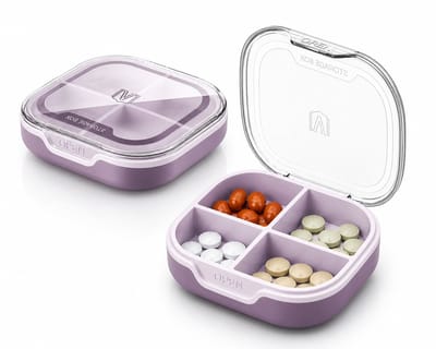 Pillen Doosje met 4 Vakken | Medicijndoos Compact | Reissetje voor Tabletten & Supplementen | Paars