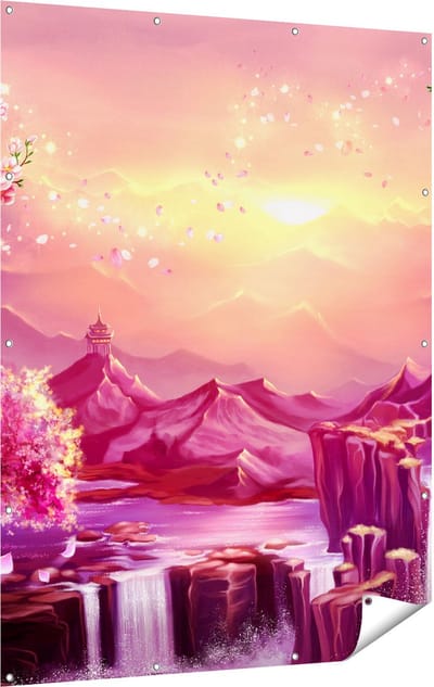 Gards Tuinposter Illustratie van Watervallen met Bloesems - 120x160 cm - Tuindoek - Tuindecoratie - Wanddecoratie buiten - Tuinschilderij