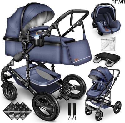 KIDUKU 3 in 1 Stroller Complete Set | Combi Stroller Set incl. Carrycot Buggy Car-Baby Shell Footmuff | Full Rubber Tyres Diaper Bag Rain Cover Children's Table ECE R129