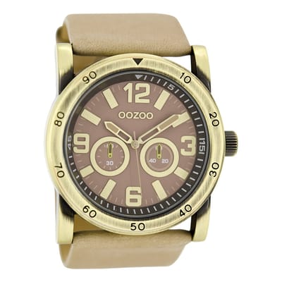 OOZOO Timepieces - Goudkleurige horloge met zand leren band - C8305