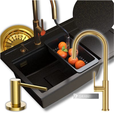 Granitan Spoelbakken Granieten Rendo - Wasbak Keuken Zwart - Spoelbak Met Sifon en Gouden Kraan - 80x50x22cm