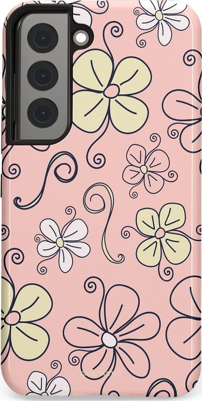 Casetastic hoesje geschikt voor Samsung Galaxy S22 - Dubbellaagse bescherming - Pastel Perzik Doodle Peach Bloemen - Fashion Case - Zand Zilver Lichtroze