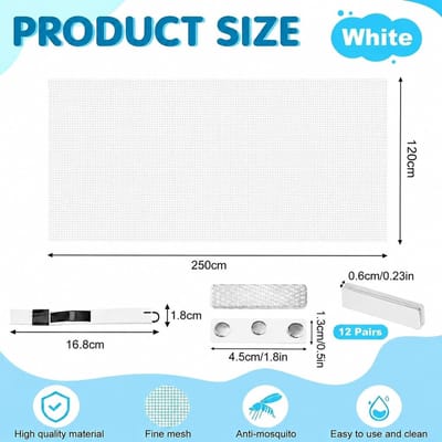 Vliegenraam voor ramen met magnetische sluiting, 120 x 250 cm, glasvezel, op maat te knippen, muggennet met 12 magneten, eenvoudig te installeren zonder boren of schroeven, wit