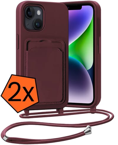 Hoesje Geschikt voor iPhone 13 Hoesje Met Telefoonketting Pasjeshouder Case Koord - Hoesje Geschikt voor iPhone 13 Hoes Met Kaarthouder - Aubergine - 2 PACK